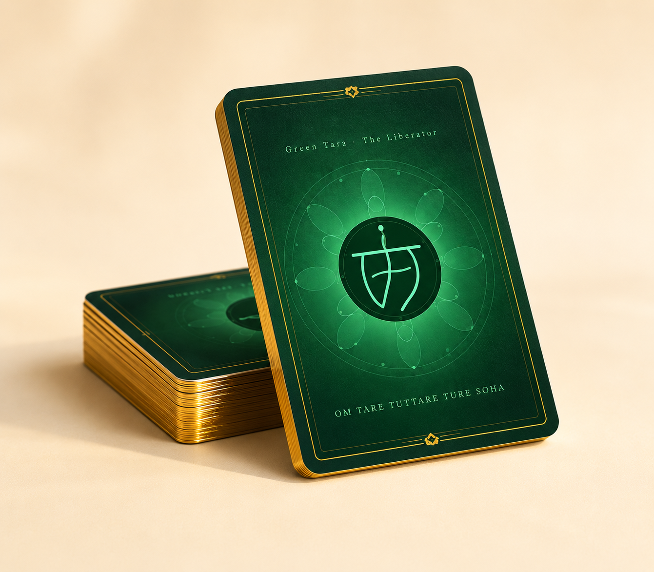 The 21 Emanations of Green Tara Oracle Deck, stacked with one card propped at the front